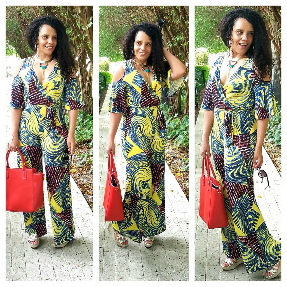 Tropical Split Shoulder  Jumpsuit