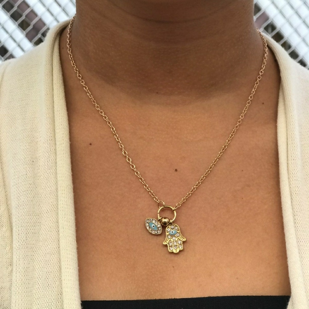 Blue Evil Eye Charms Hamsa Hand Fatima necklace