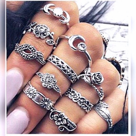 BOHO 11pc Moon Flower Pagan Midi Ring Set - Picture 5 of 5