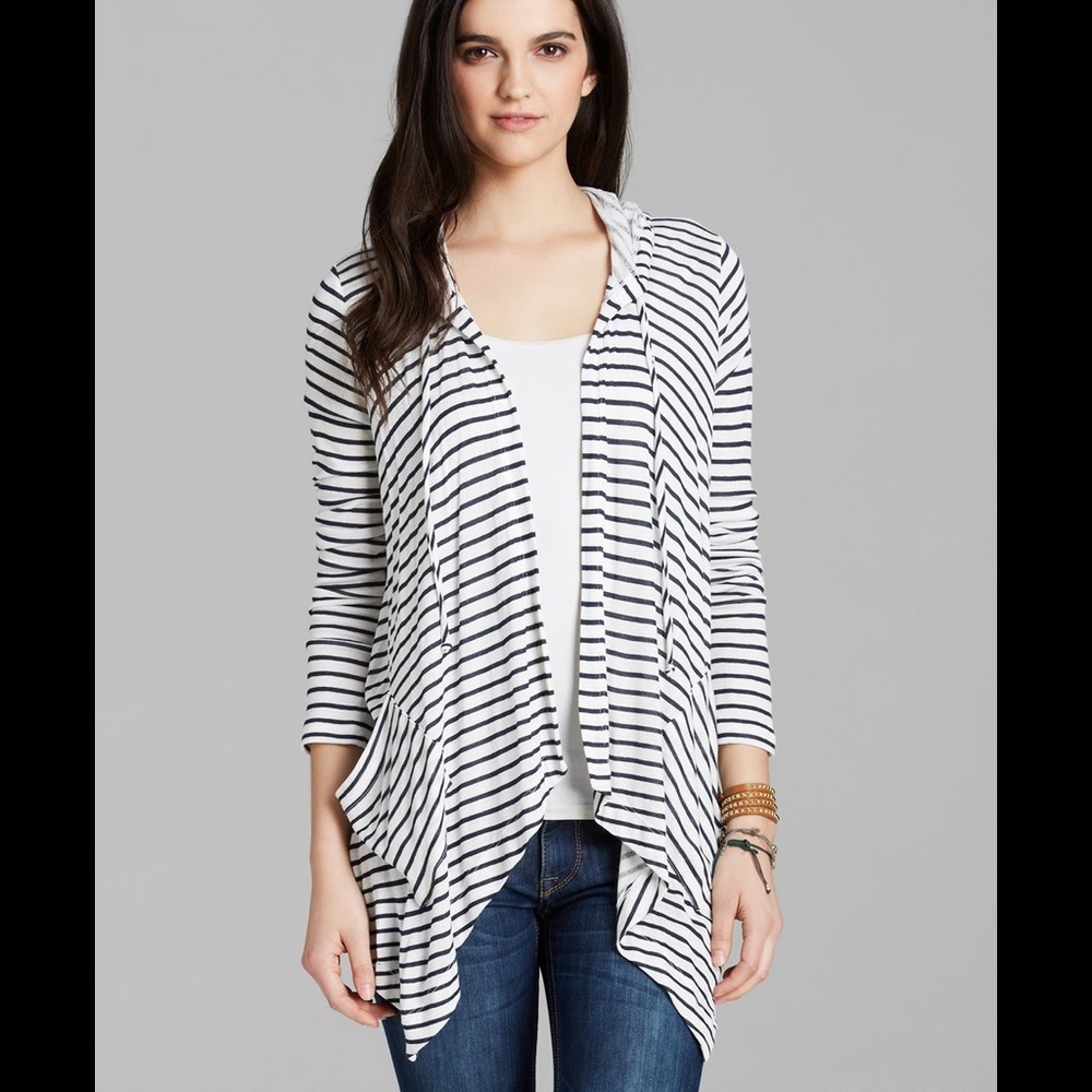 Splendid Draped Hooded Cardigan in Navy Stripes