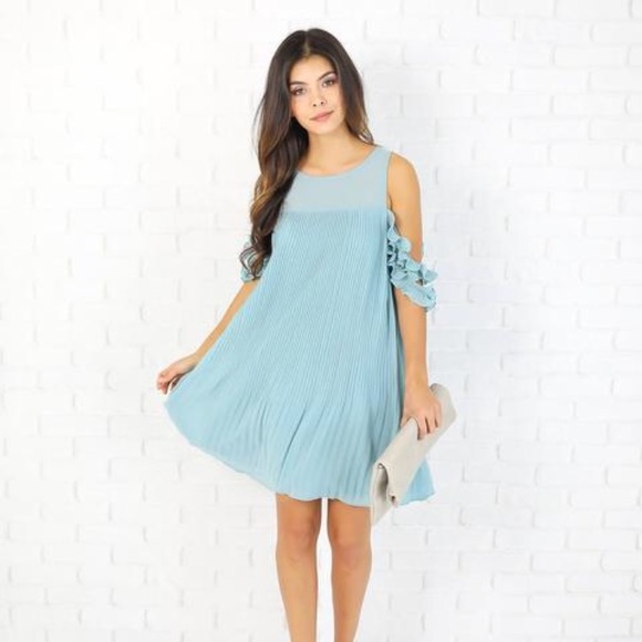 Ruffle off the shoulder / cold shoulder dress-blue - Picture 1 of 2