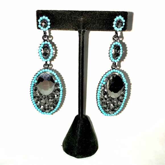 Boho Silver Mirror and Turquoise Studded Drop - Picture 1 of 1
