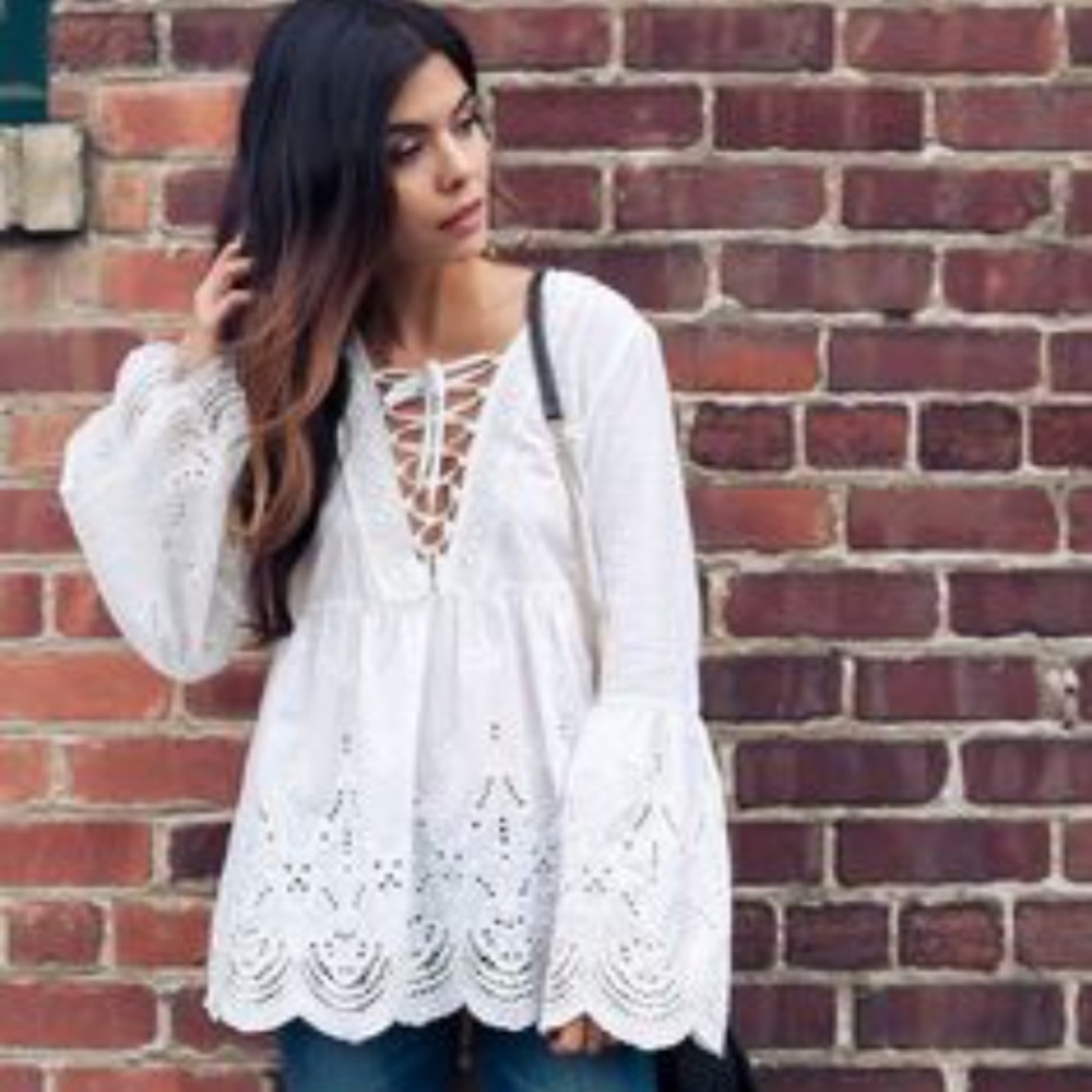 White lace up top with bell sleeves - large