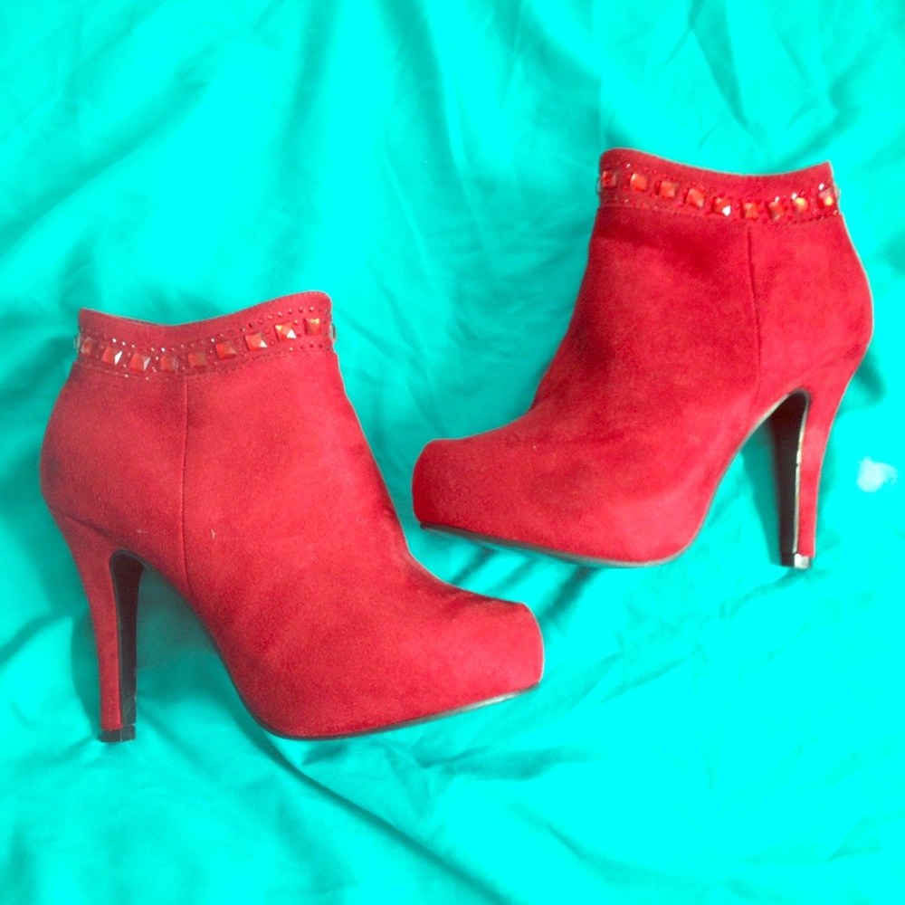 F21 Style Red Velvet Ankle Heeled Booties