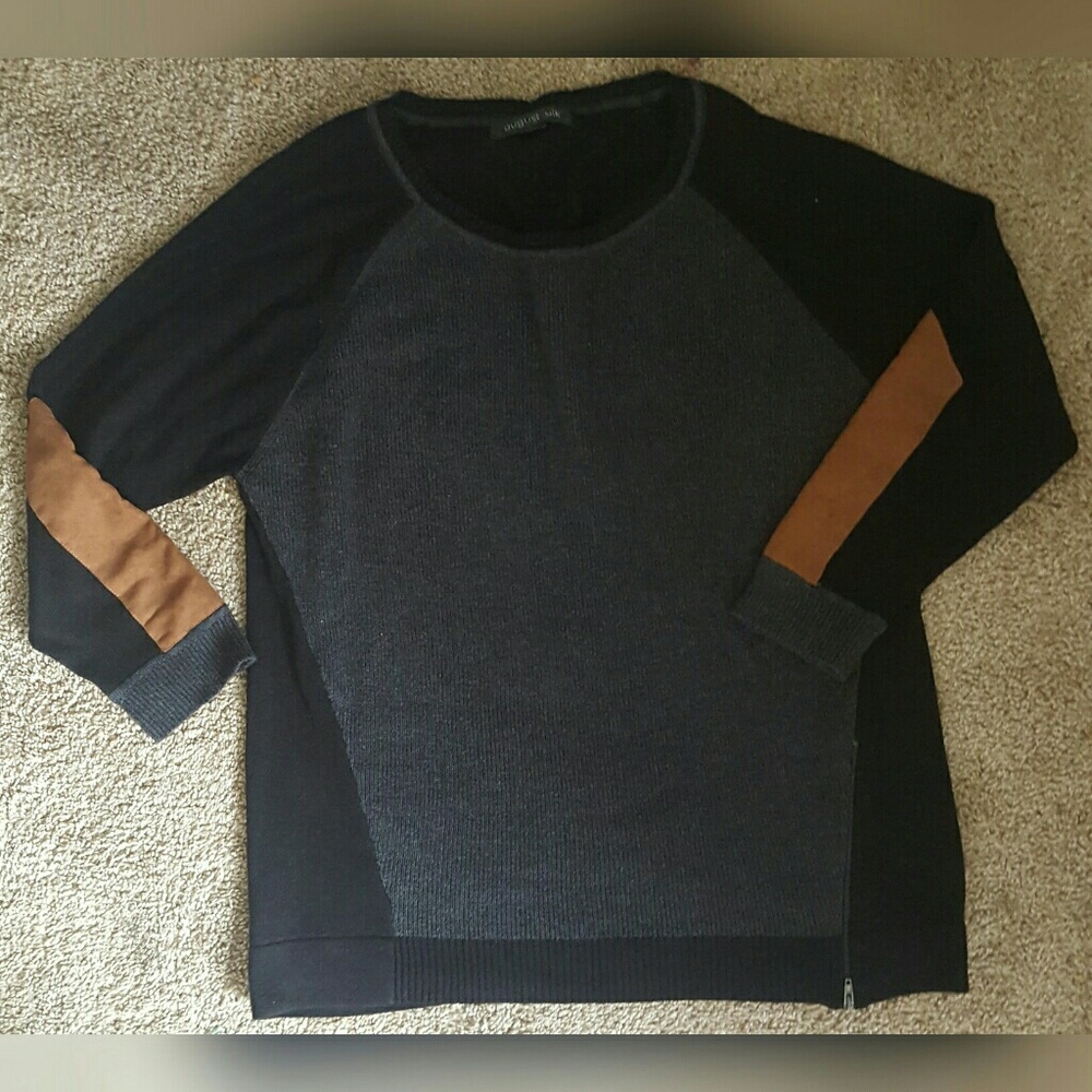 August silk sweater has small side zip/elbow patch