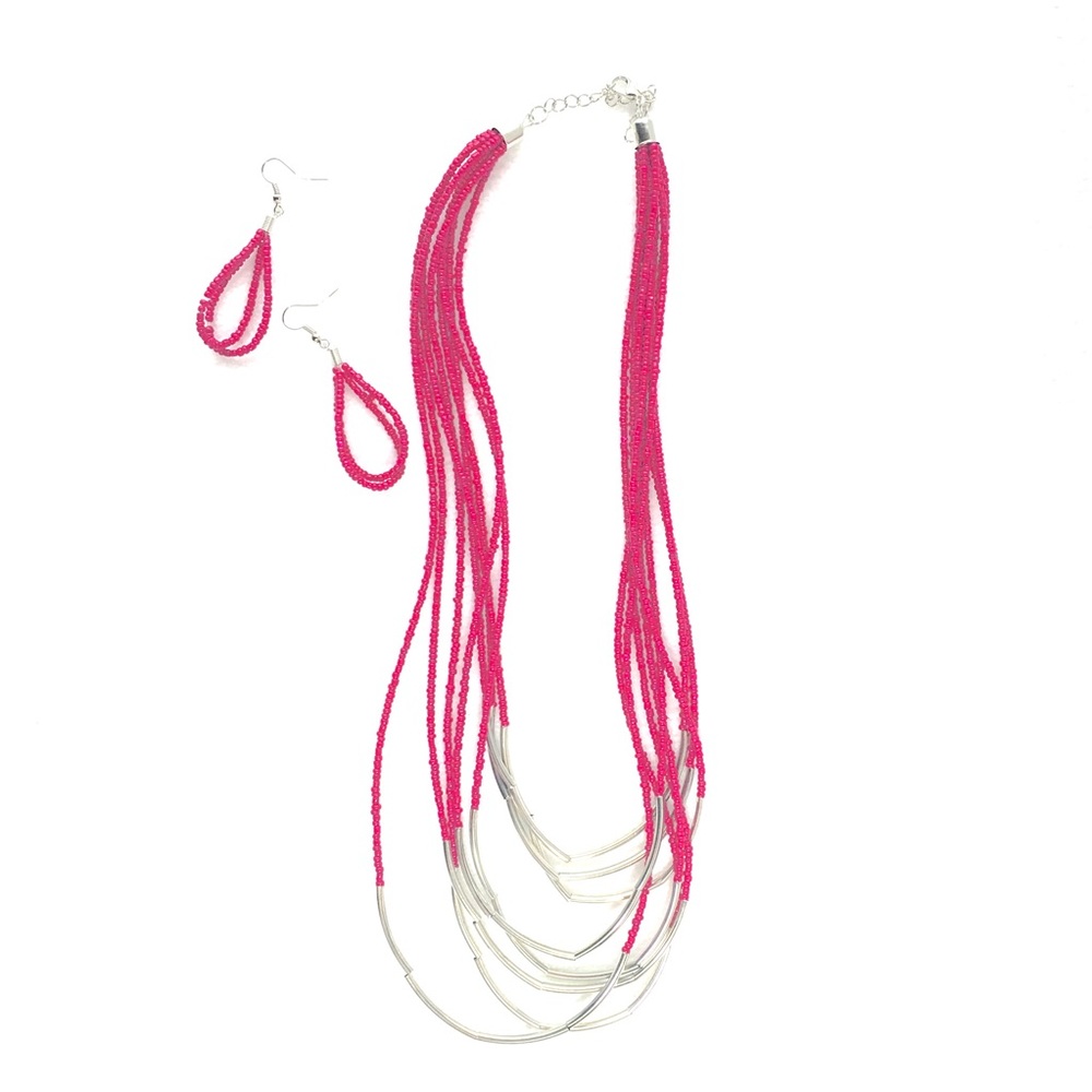 Beaded necklace and earrings Hot pink and Siver