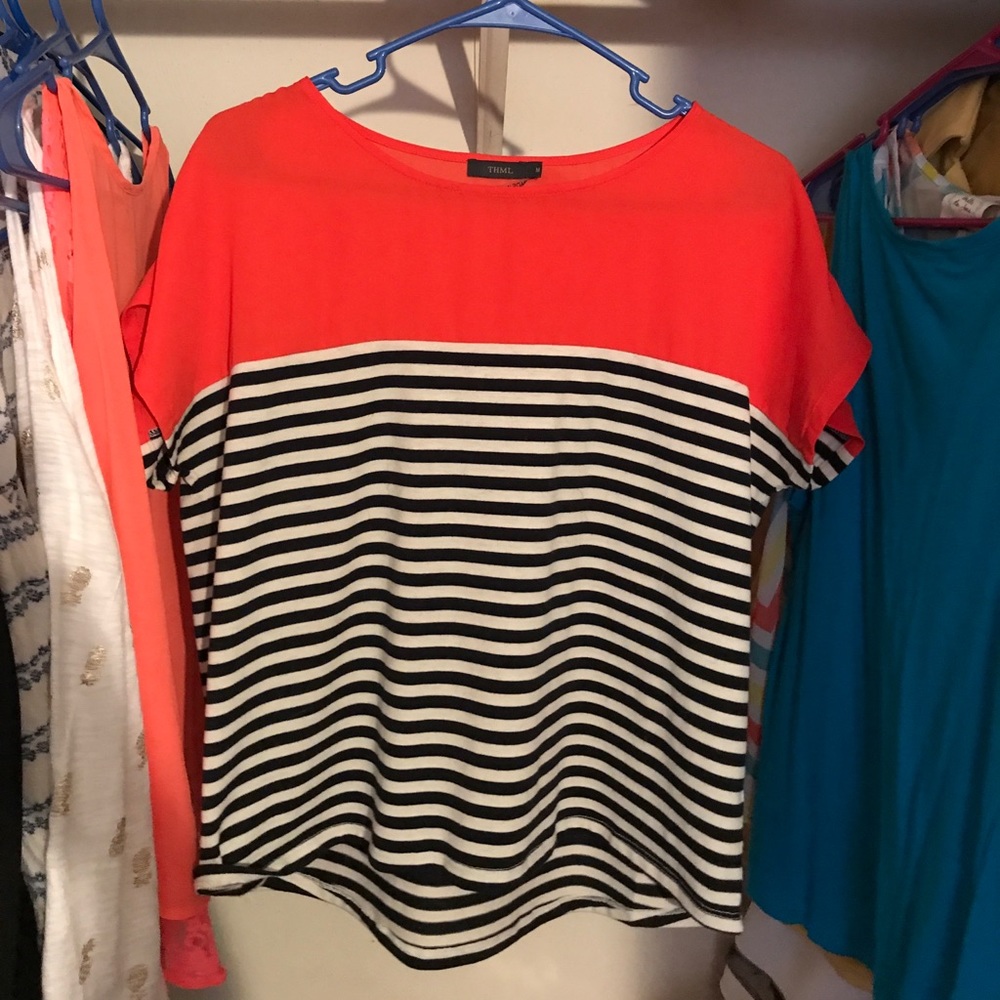 Orange and navy stripe color block shirt
