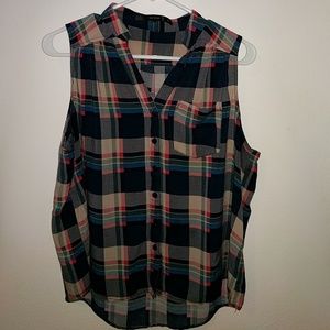 Fun2Fun Sleeveless Plaid Button Up