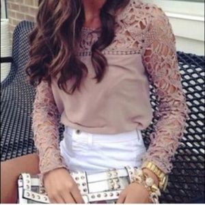 Rosey Brown Crotchet Lace Panel Long Sleeve Blouse