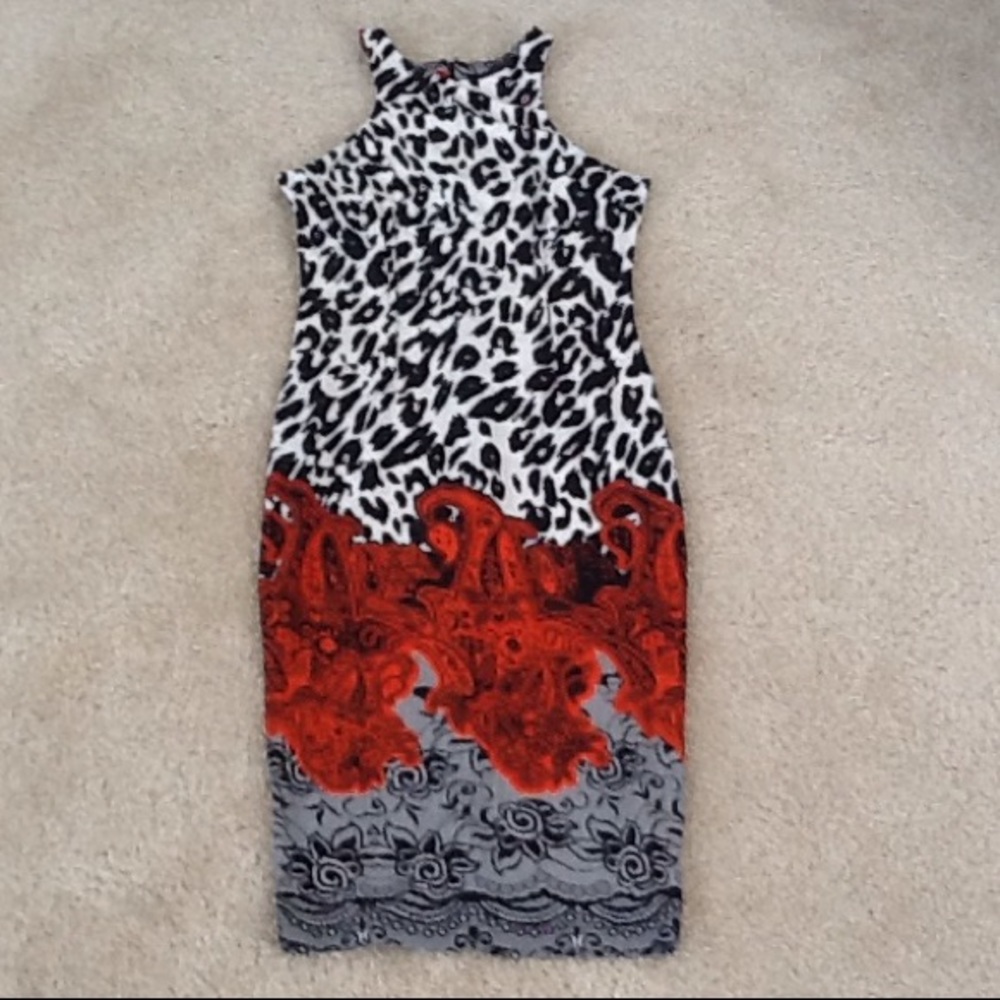 AX Paris Black,White,and Red Patterned Midi Dress