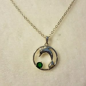 Dolphin Necklace add earrings w/ emerald stone