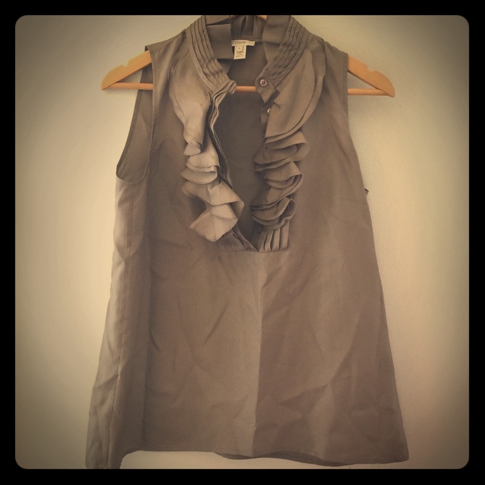 NWOT Jcrew silk grey ruffle neck top. Size 6