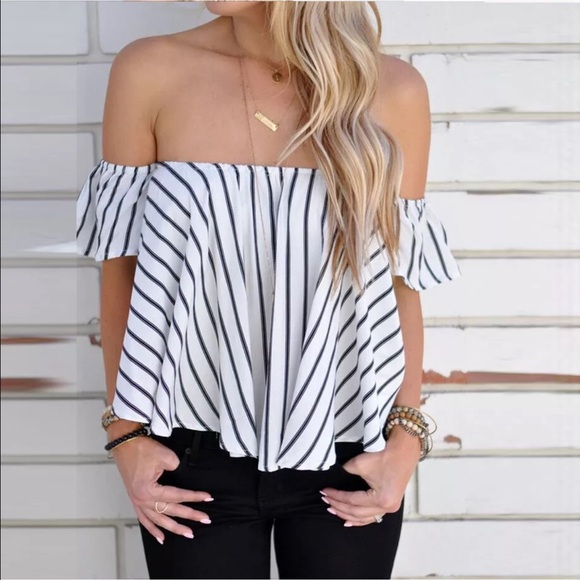 Tops - Off The Shoulder Striped Black & White Blouse