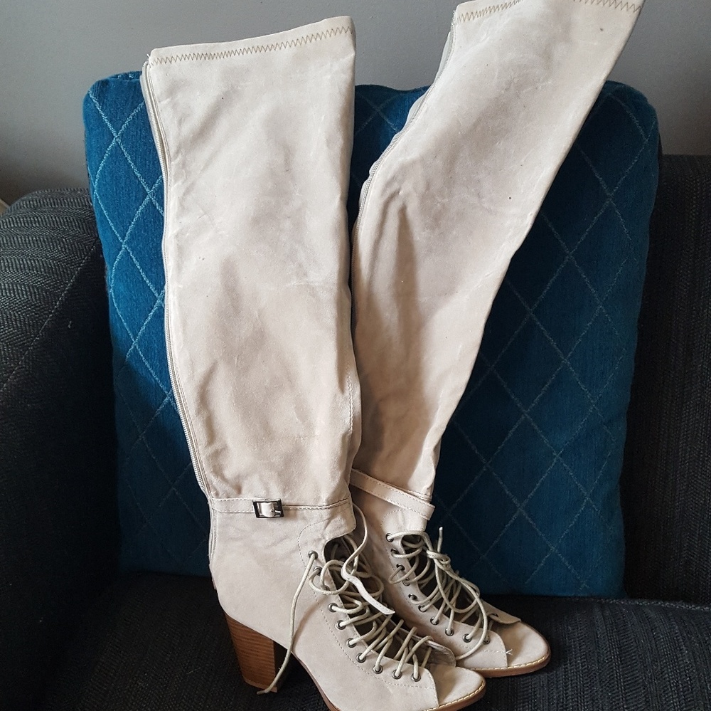 Grey knee thigh boot