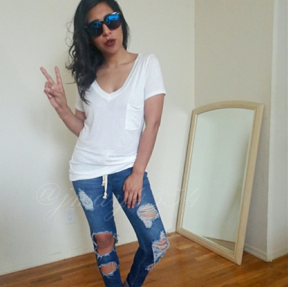 🆕NOT SO BASIC DEEP V WHITE TEE SHIRT TOP - Picture 2 of 5