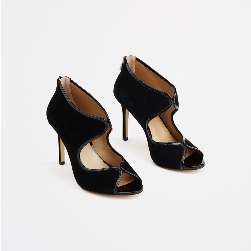 Ann Taylor Black suede open toe bootie.