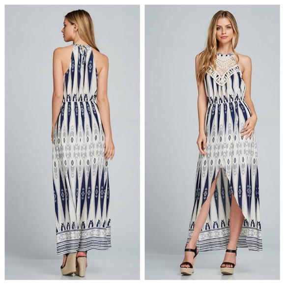 🦋MAKE AN OFFER!🦋 Navy And Ivory Maxi, Lace Neck - Picture 2 of 3