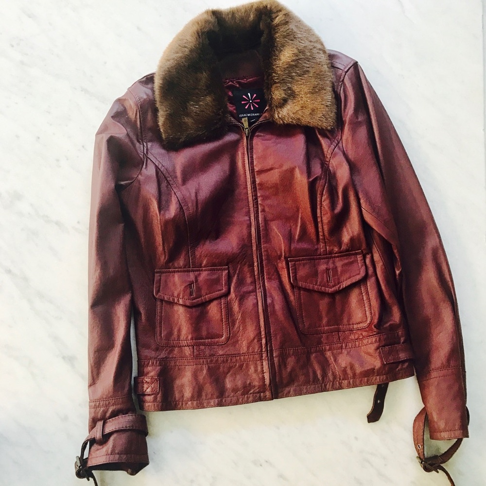 Issac Mizrahi Burgundy Faux Leather Bomber