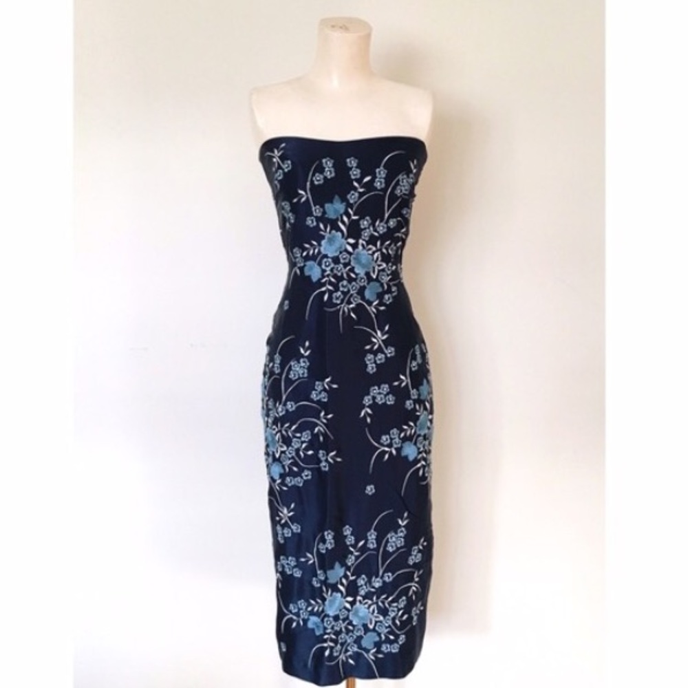 Anthropologie dress: strapless embroidered blue