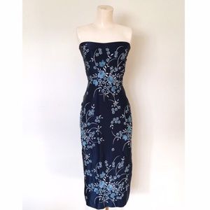 Anthropologie dress: strapless embroidered blue