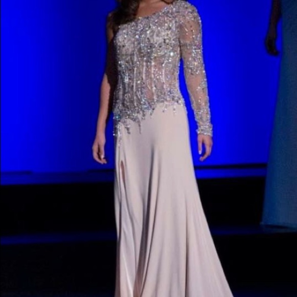 Toby Bowls - beaded and jersey nude gown