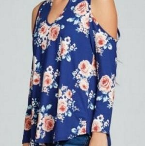 NWOT Blue Floral Cut-Out Shoulder Blouse