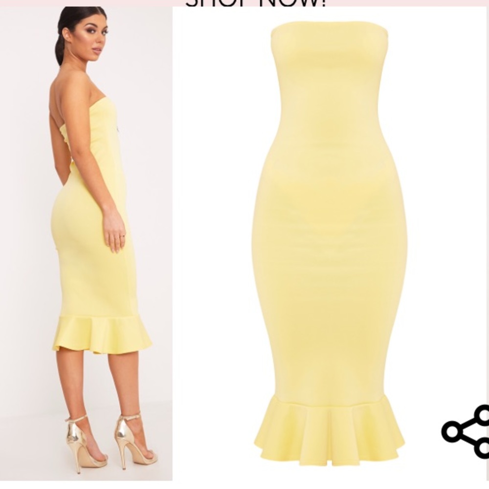 Yellow strapless frill hem dress