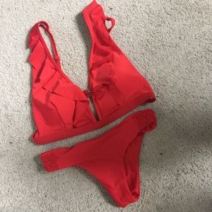 Red Plunge Ruffle Swimming suit