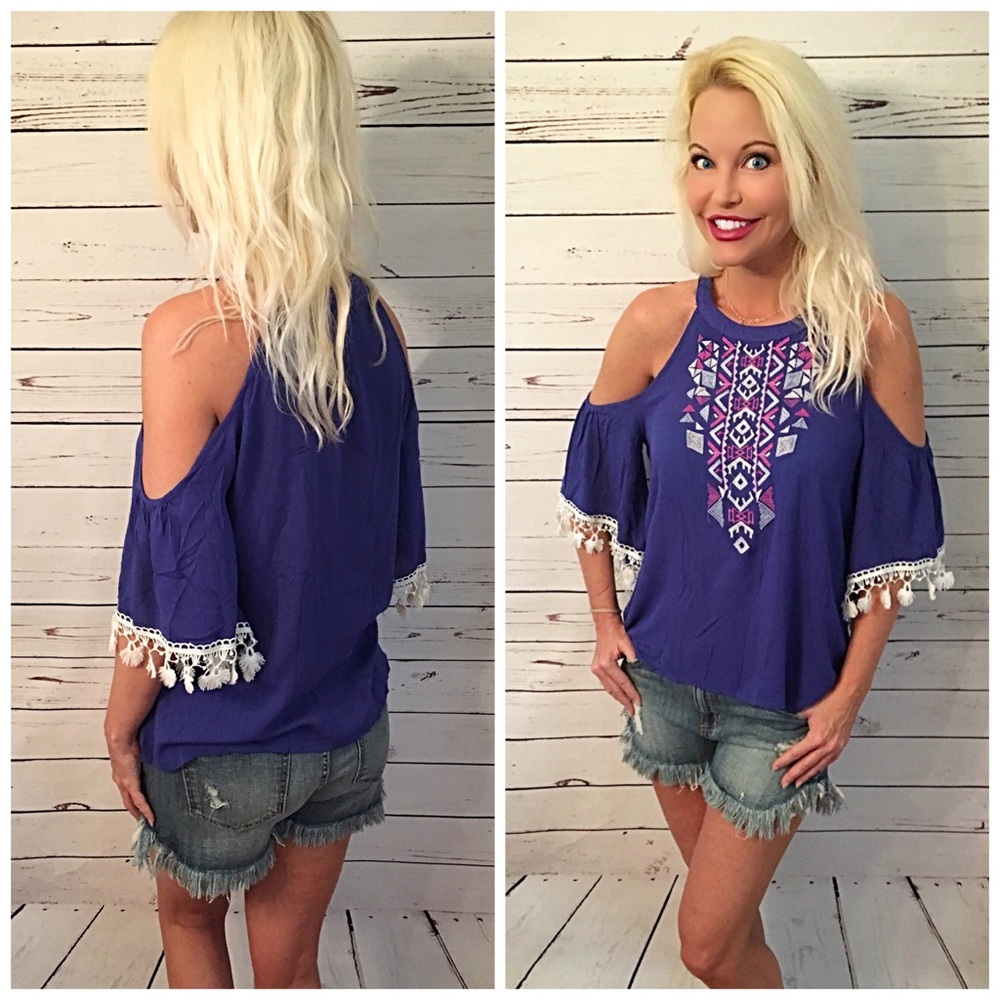 Royal blue off shoulder embroidered top! - Picture 2 of 2