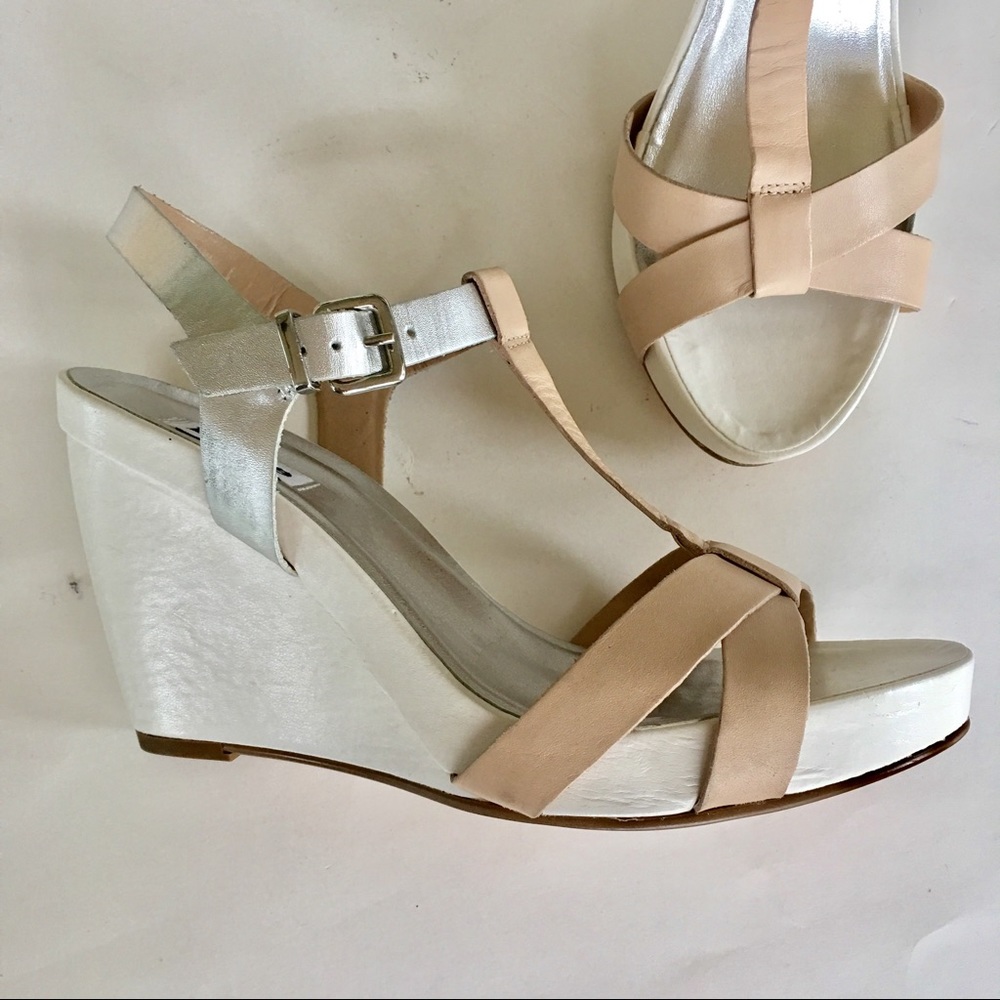 NEW DUNE leather wedge sandals silver white tan 10