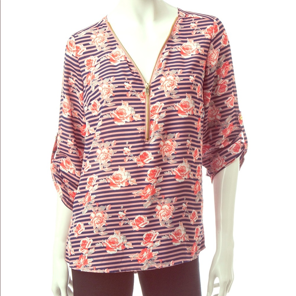 Floral and Striped Zip Front Top
