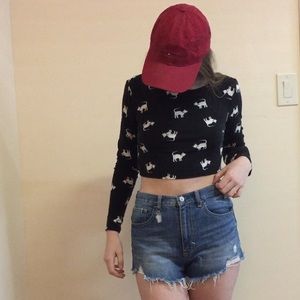 Forever 21 Cat-Patterned Black & White Crop Top