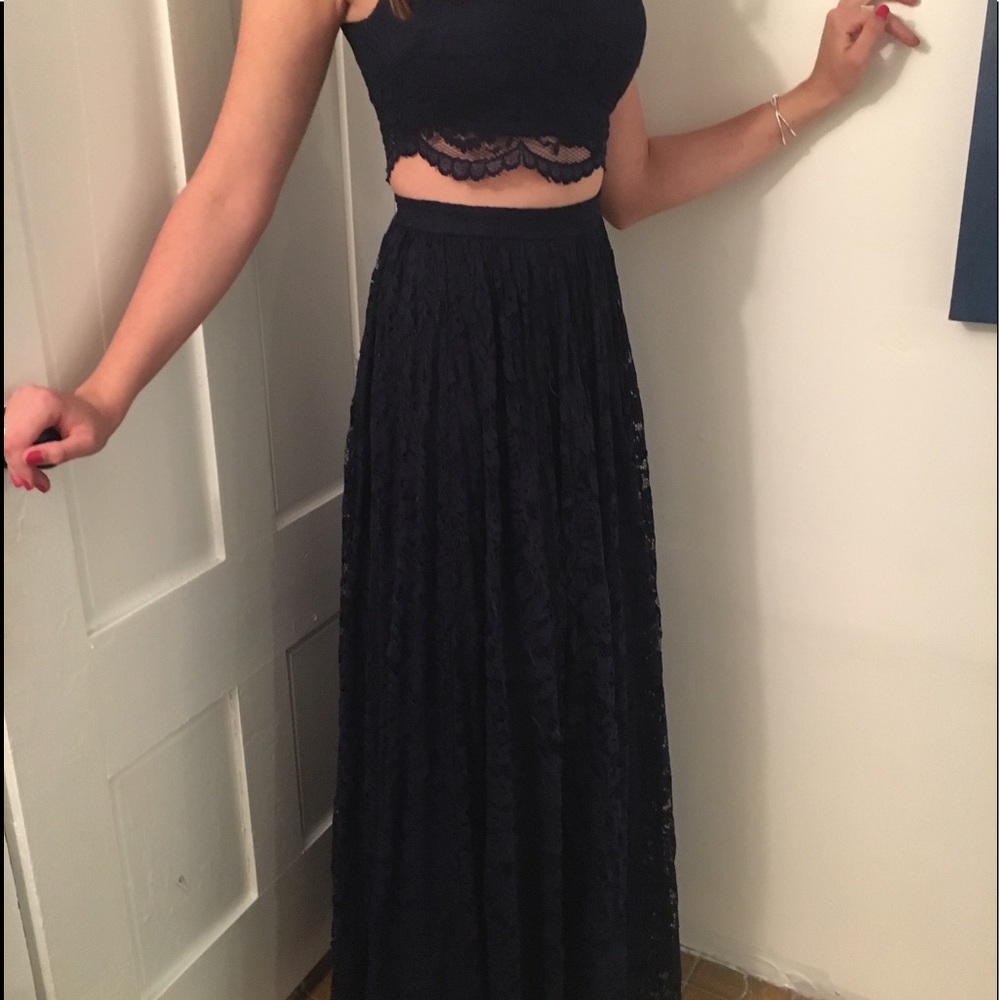 Navy blue lace crop top and long skirt dress