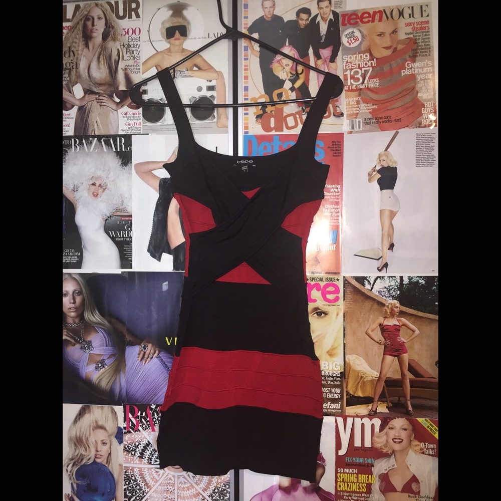 Bebe red and black bodycon dress