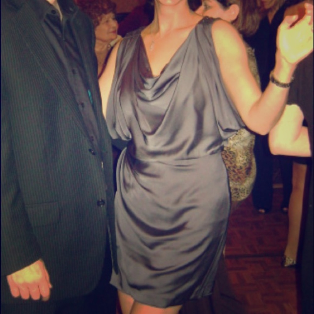 Elegant cocktail gray dress with back detail!