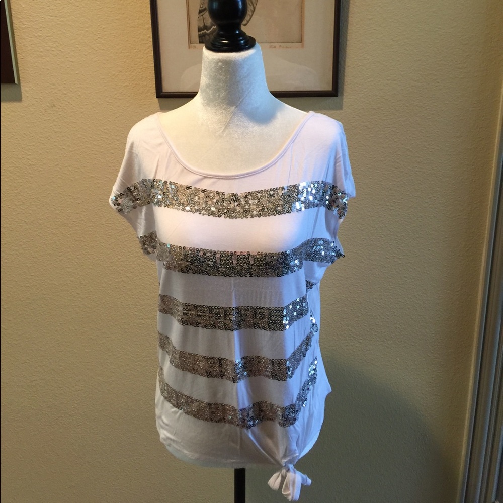 INC WHITE TIE-Front w/Silver Sequins Top Size L