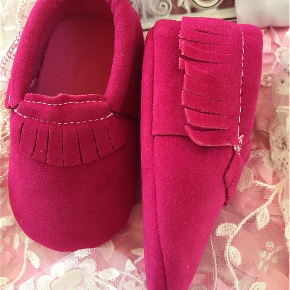 DISCONTINUED Hot Pink Faux Suede Moccasins - Picture 2 of 2