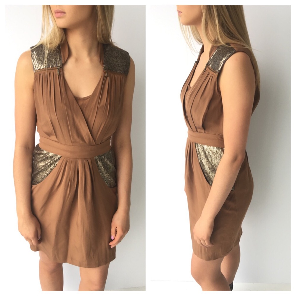 2b Rych Brown Gold Sequin Panel Pleated Dress