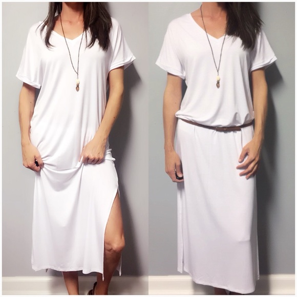 🔹Last 1🔹White V-Neck T-Shirt Jersey Dress - Picture 3 of 6