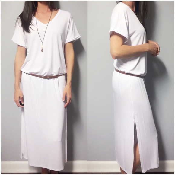 🔹Last 1🔹White V-Neck T-Shirt Jersey Dress - Picture 4 of 6