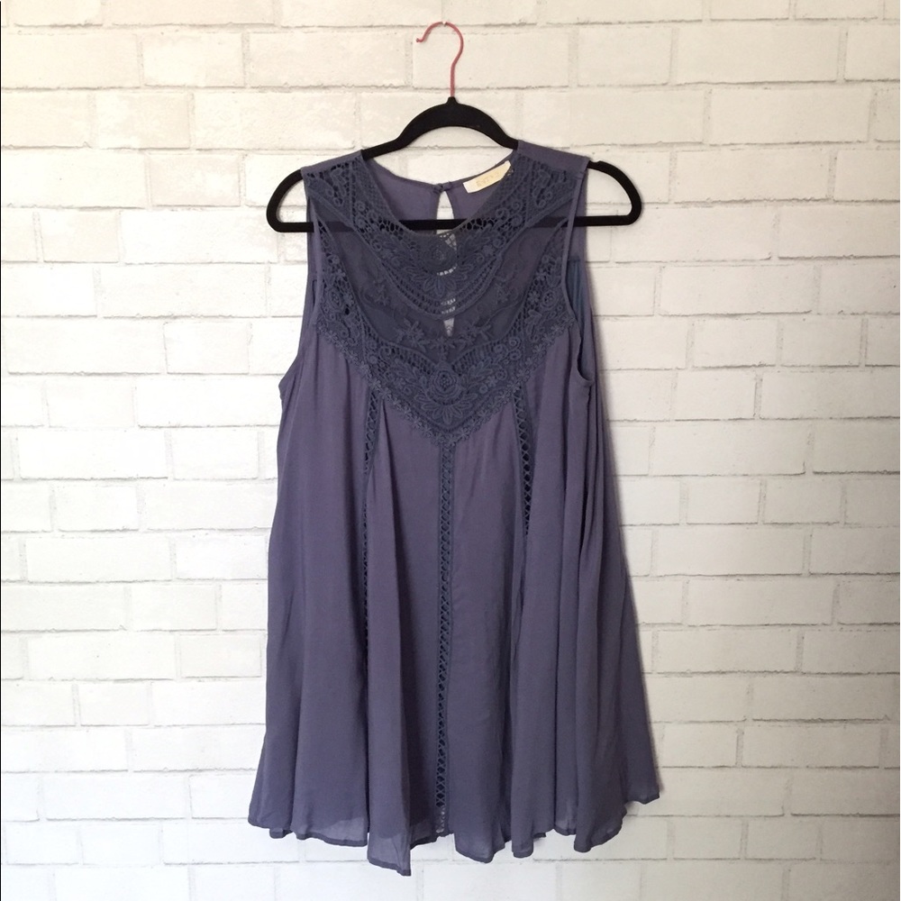boutique brand embroidered lace gray blue dress