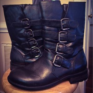 Calf length black faux leather boots