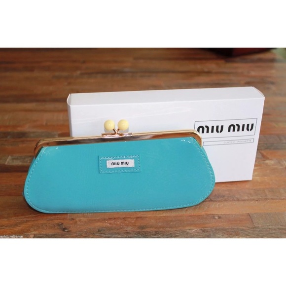 Miu Miu Handbags - 🆕 MIU MIU Teal Patent Leather Clutch, Wallet, Bag