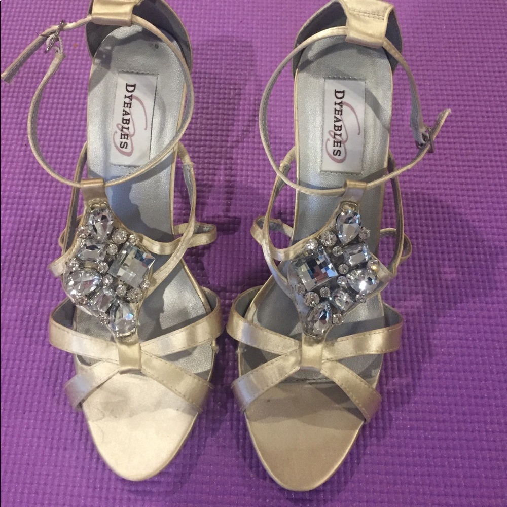 Dyeable Cream Satin Heels w/ Gem Stones