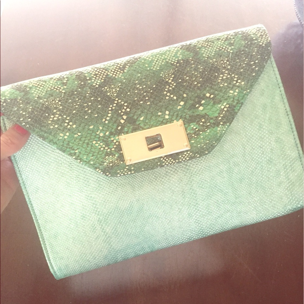 Green and gold snakeskin envelope style clutch