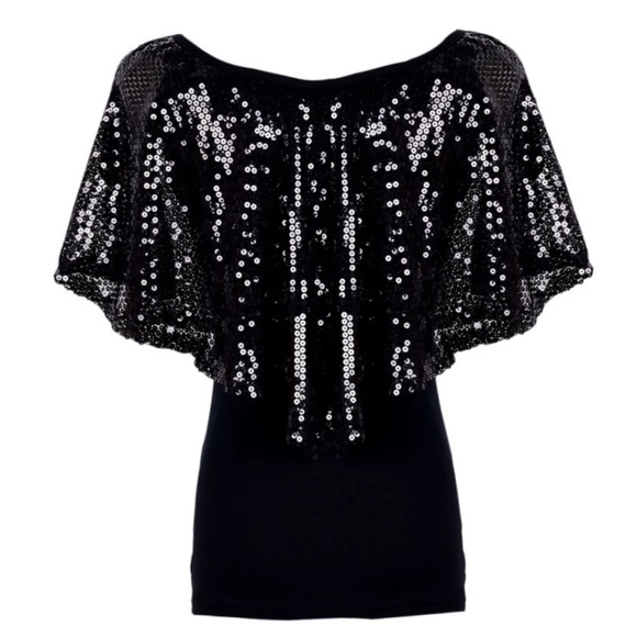 Black Solid + Sequin V Neck Top