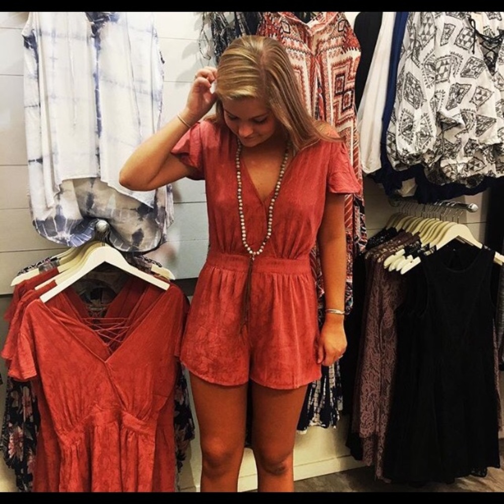 burnt orange back lace romper
