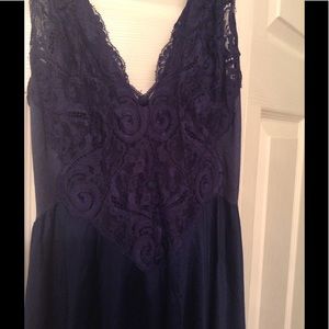 Olga navy blue nylon and lace long gown size large