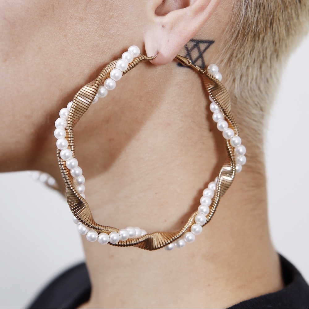 Large gold hoops with pearl detailing
