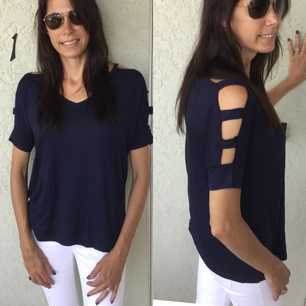 Medium Navy Ladder Cut Out Sleeve Top - Picture 2 of 3